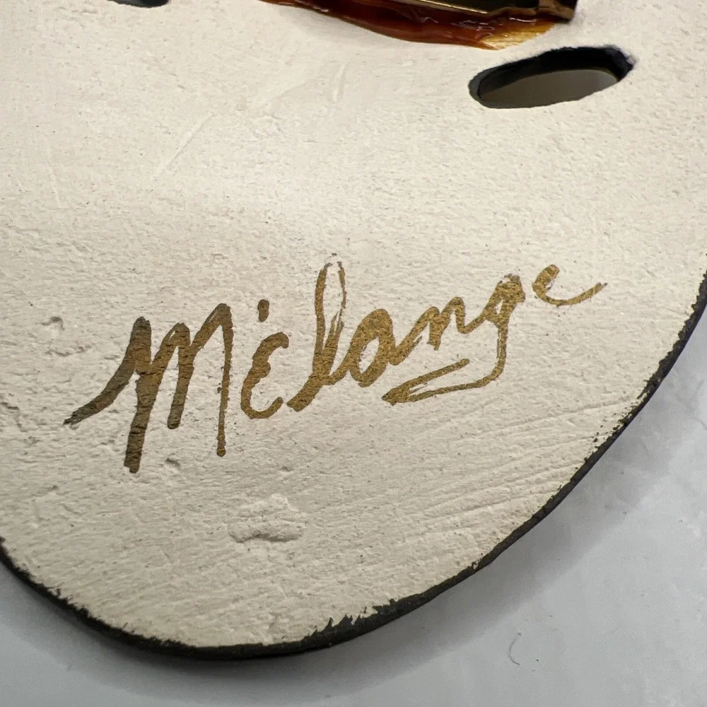 Vintage Melange Ceramic Mask Brooch Pin Hand Painted Black Gold Theater Art Wear